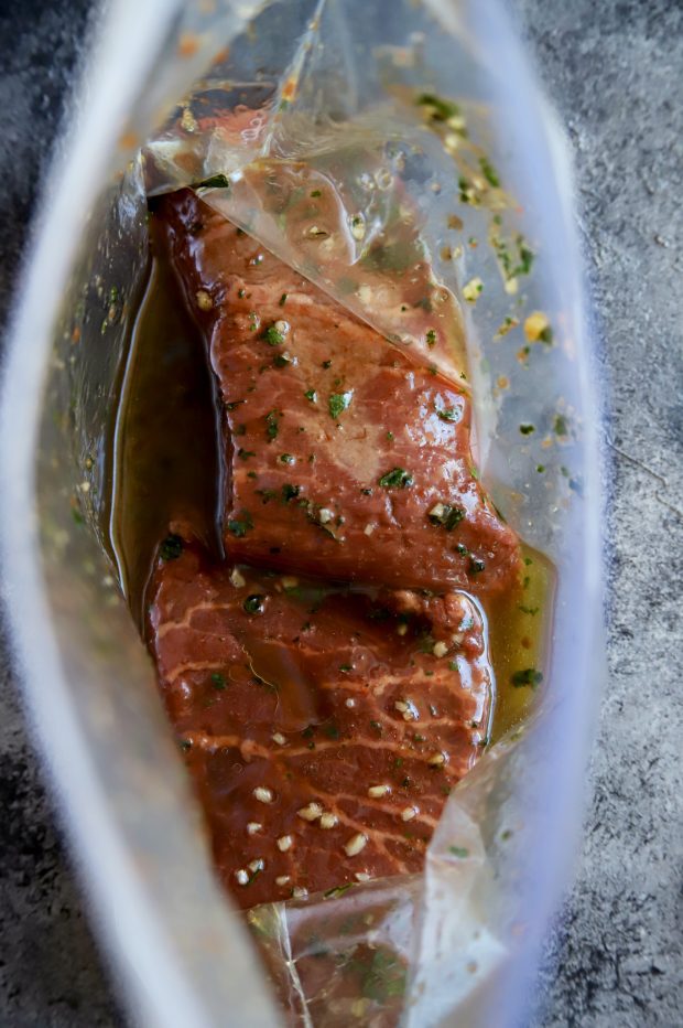 Flat iron steak in a marinade