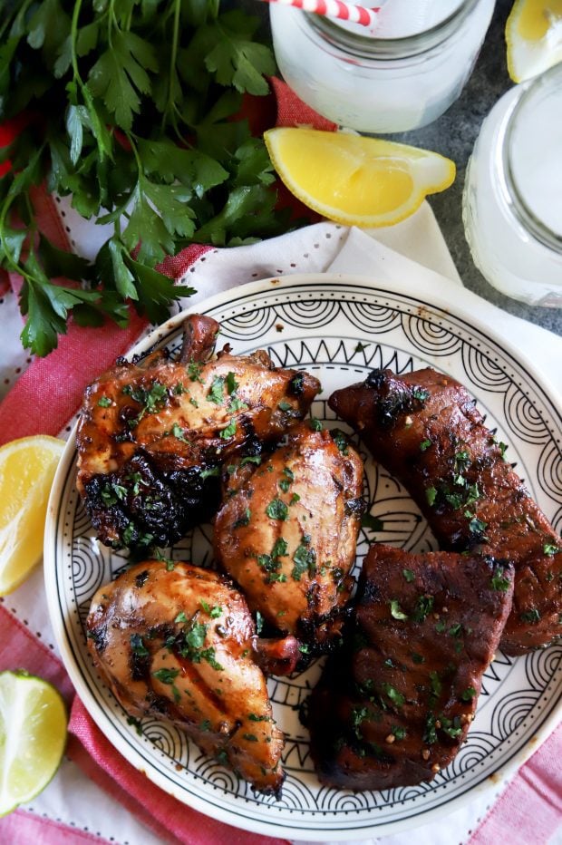 Grilled chicken thighs and steak