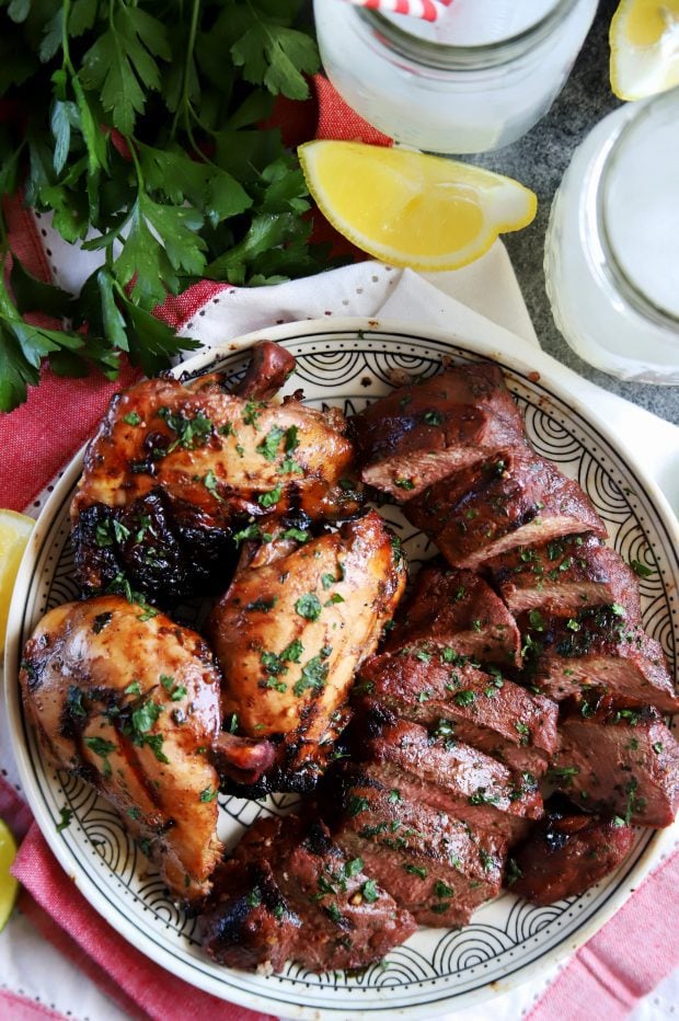 Grilled chicken and steak on a plate