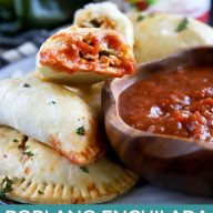 Pinterest image for poblano enchilada chicken empanadas