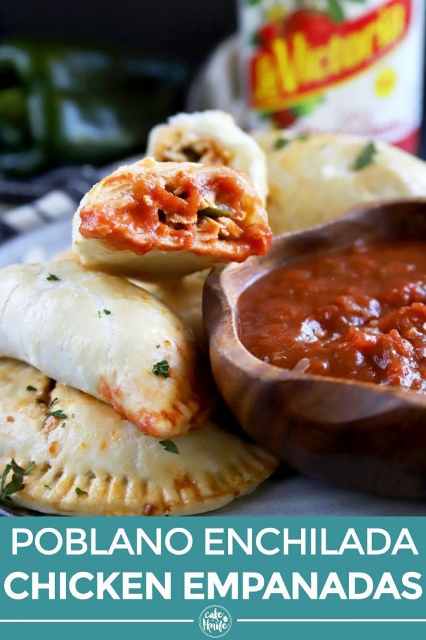 Pinterest image for poblano enchilada chicken empanadas