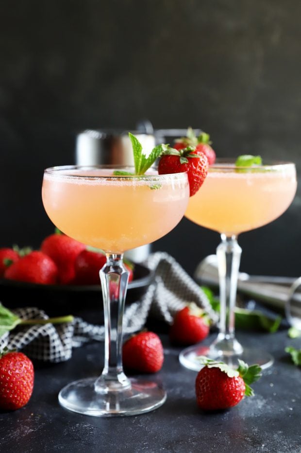 Fruit and herbs in a cocktail with coupe glasses