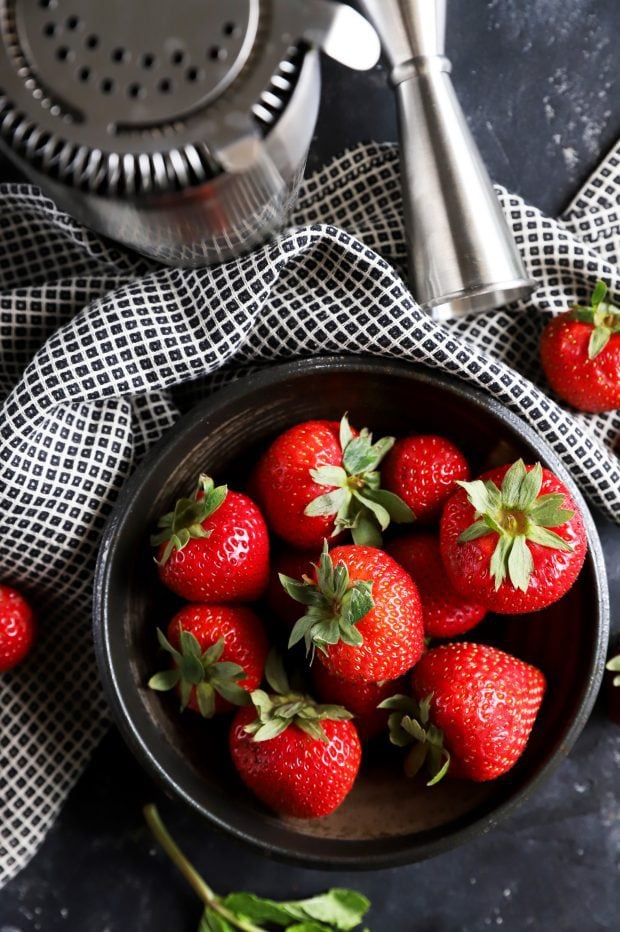 Overhead image of strawberries in a bowl