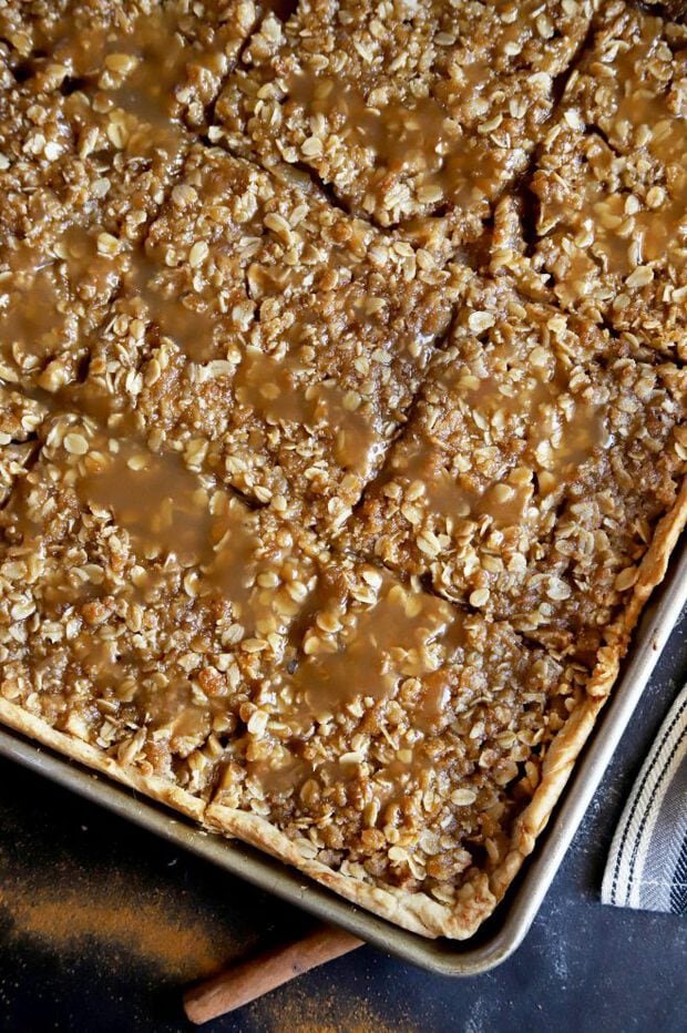 Caramel apple pie in the pan overhead photo