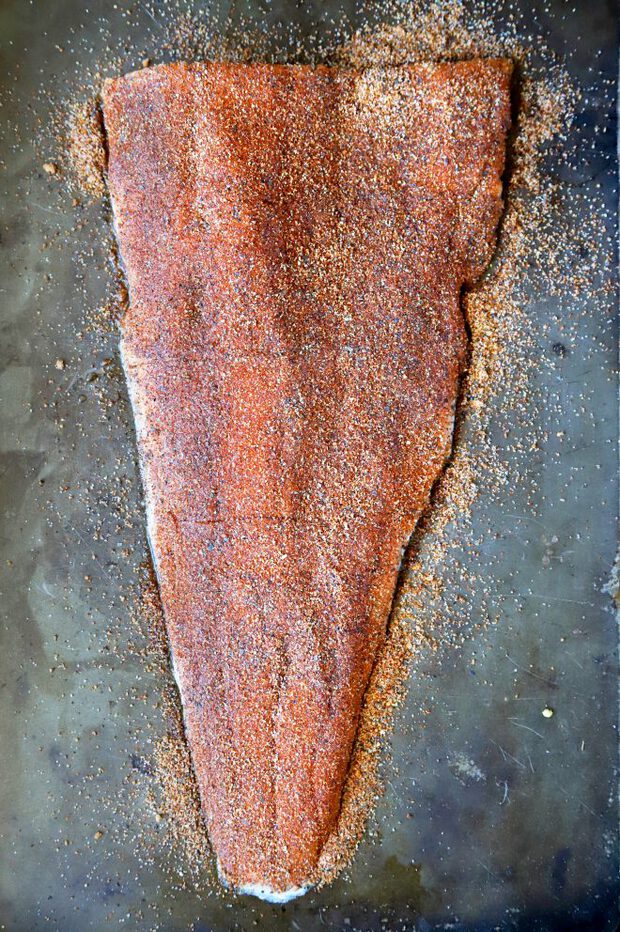 Raw salmon filet with spice rub