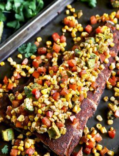 Whole grilled salmon filet with spice rub