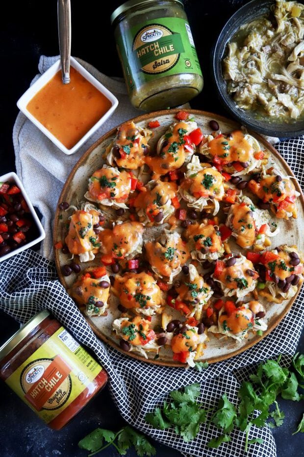 Overhead shot of mini chicken nachos with hatch green chile