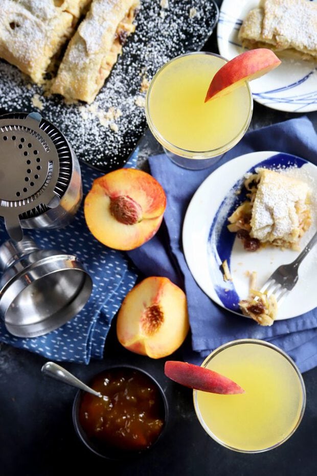 Overhead photograph of brunch spread