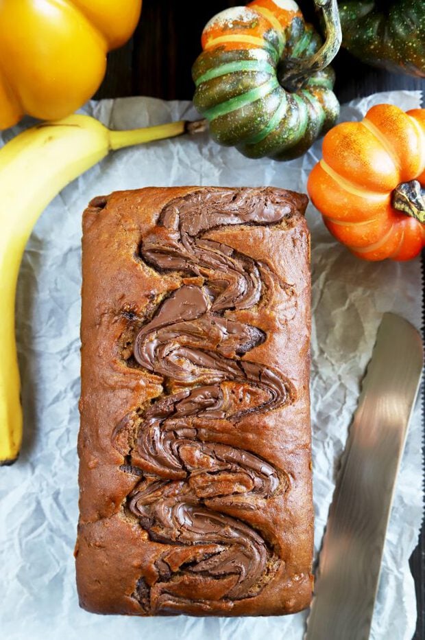 Full loaf of banana bread with pumpkin and nutella