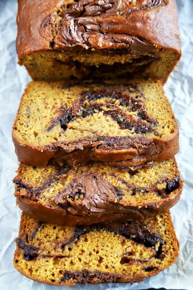 Sliced pumpkin bread with Nutella