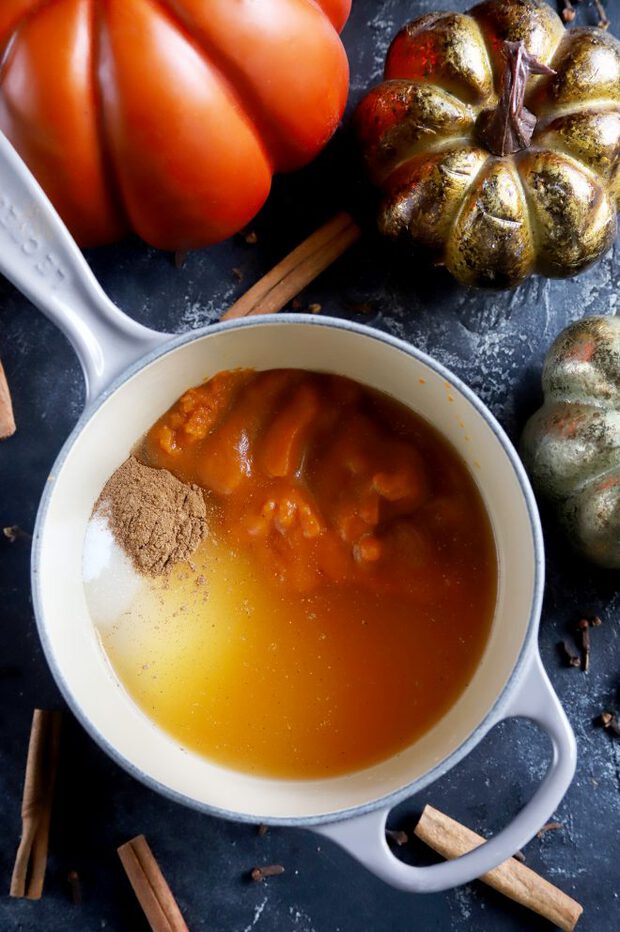 Making simple syrup with pumpkin, spices, and sugar