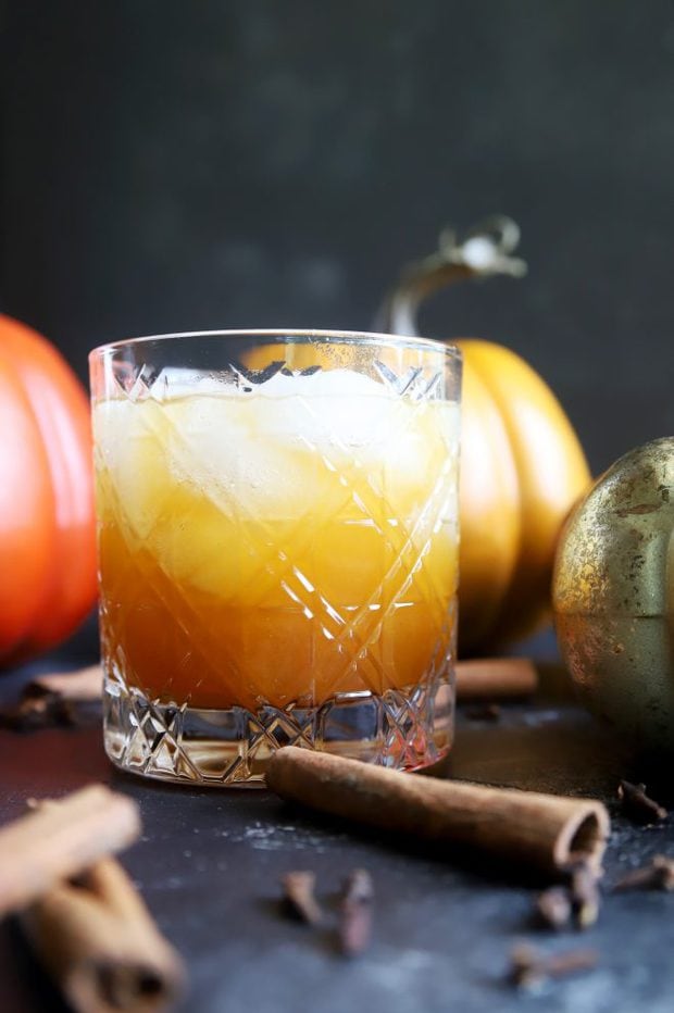 Pumpkin spice cocktail in an old fashioned glass