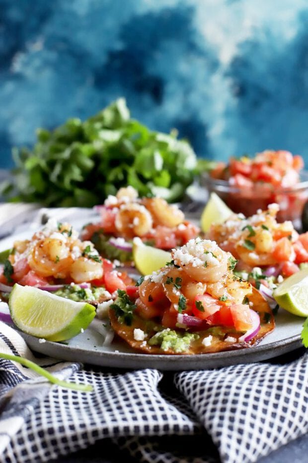 Side view of shrimp tostadas