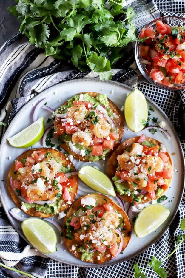 Overhead shot of tostadas on a platter