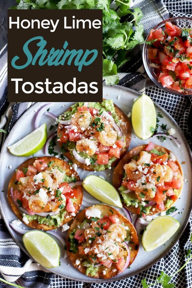 Honey Lime Shrimp Tostadas with guacamole pinterest image