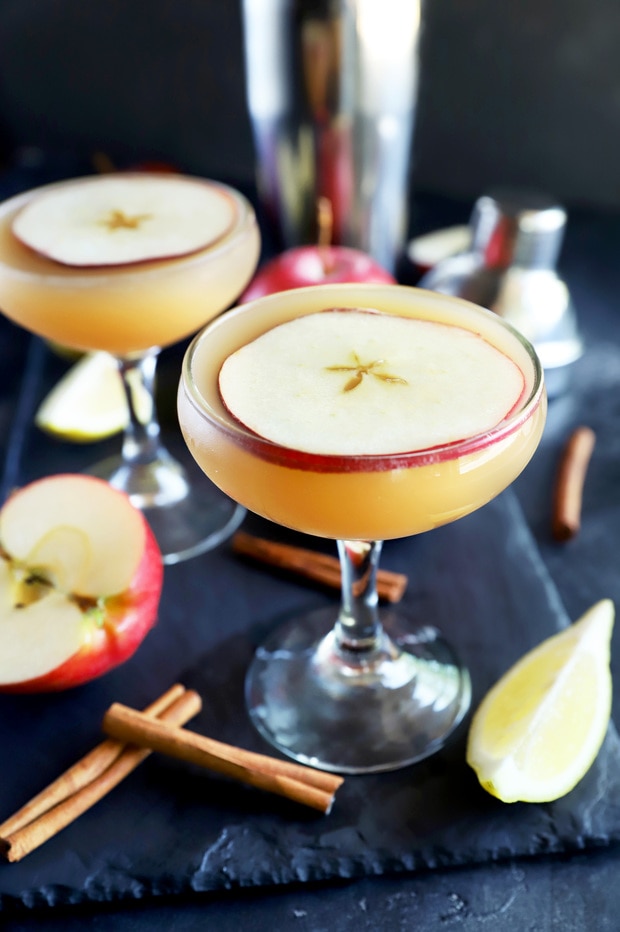 Apple cider whiskey sidecar cocktail in glasses