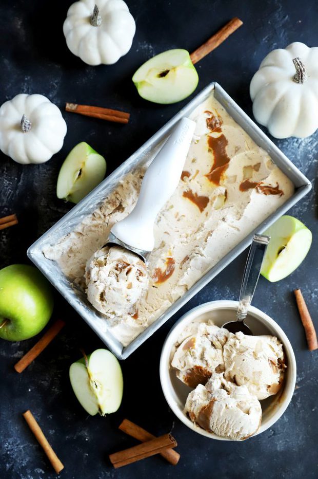 Scooping out caramel apple ice cream