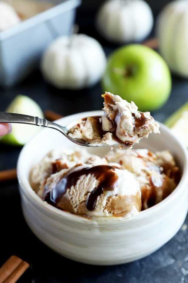 A spoon of caramel apple ice cream