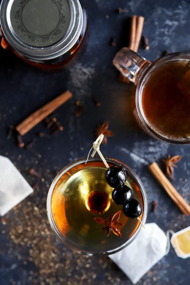 Overhead photo of a Manhattan cocktail with infused bourbon