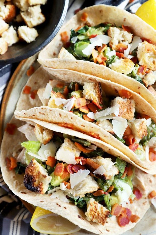 Overhead shot of Caesar salad chicken tacos