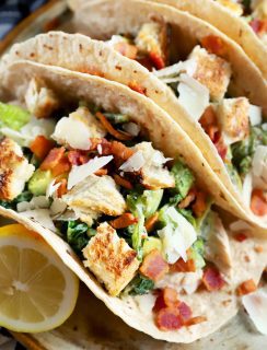 Thumbnail image of charred caesar salad chicken tacos