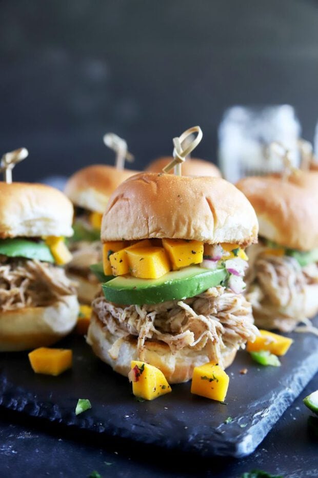 Jerk chicken sliders with mango salsa and avocado