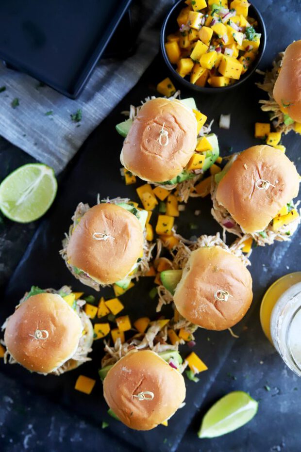 Chicken sliders with avocado and mango salsa