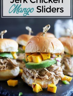 Jerk chicken sliders with mango salsa and avocado Pin image