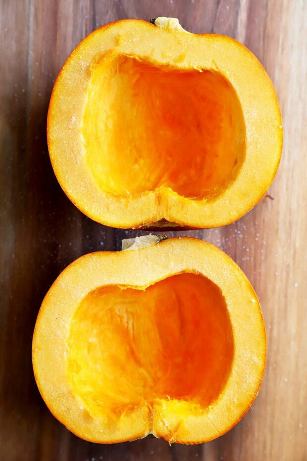 Pie pumpkin cut in half with seeds removed