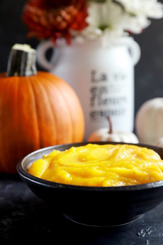 Side view of pumpkin puree in a bowl