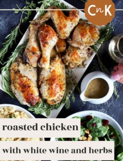Roasted Chicken with white wine and fresh herbs pin image