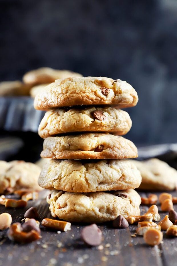 Side photo of a stack of chocolate chip cookies