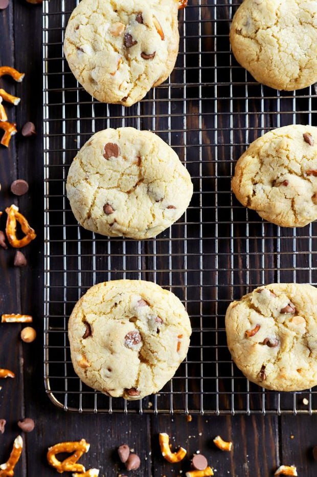 Chocolate chip cookies on a cooling rack