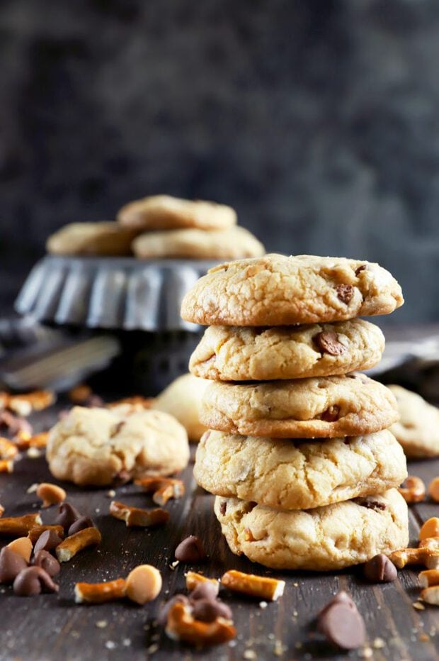 Stacked up chocolate chip cookies