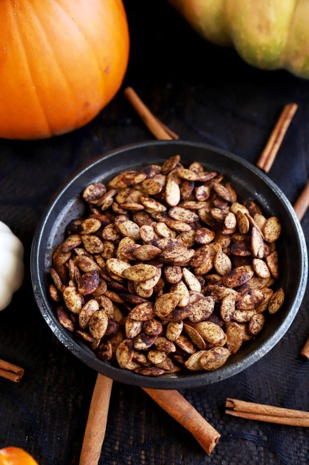 Roasted spiced pumpkin seeds in a bowl