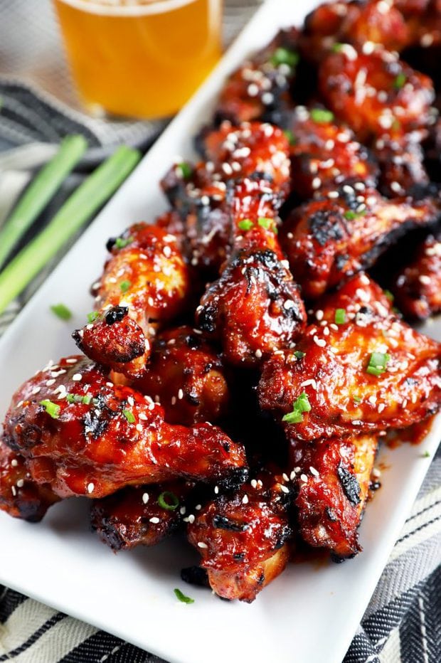 Korean BBQ chicken wings on a plate with green onion
