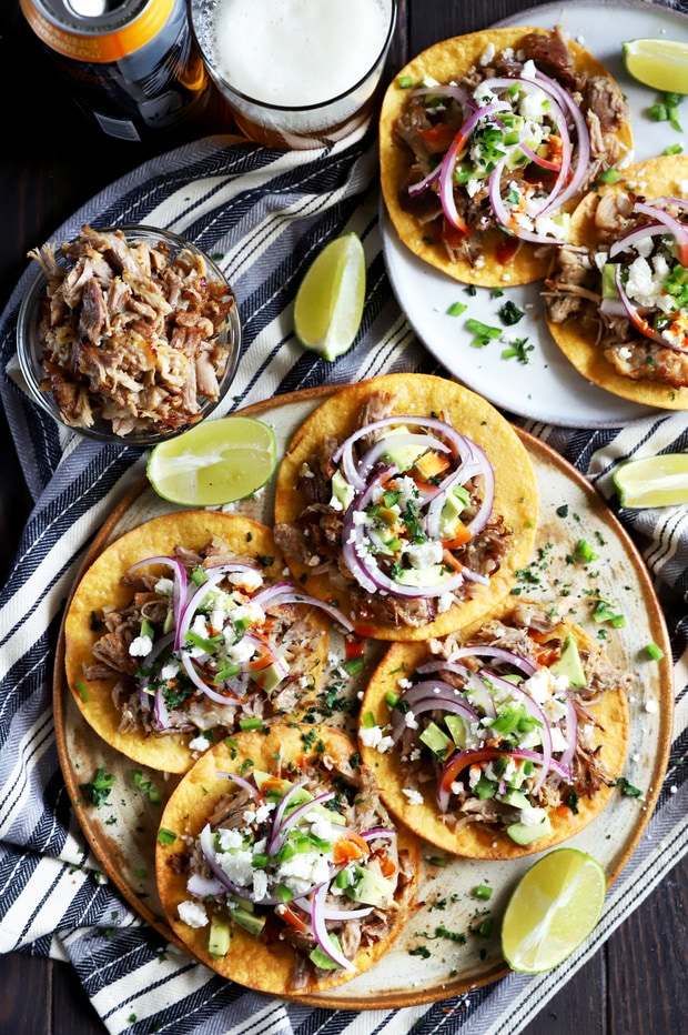 Overhead photo of pork tostadas