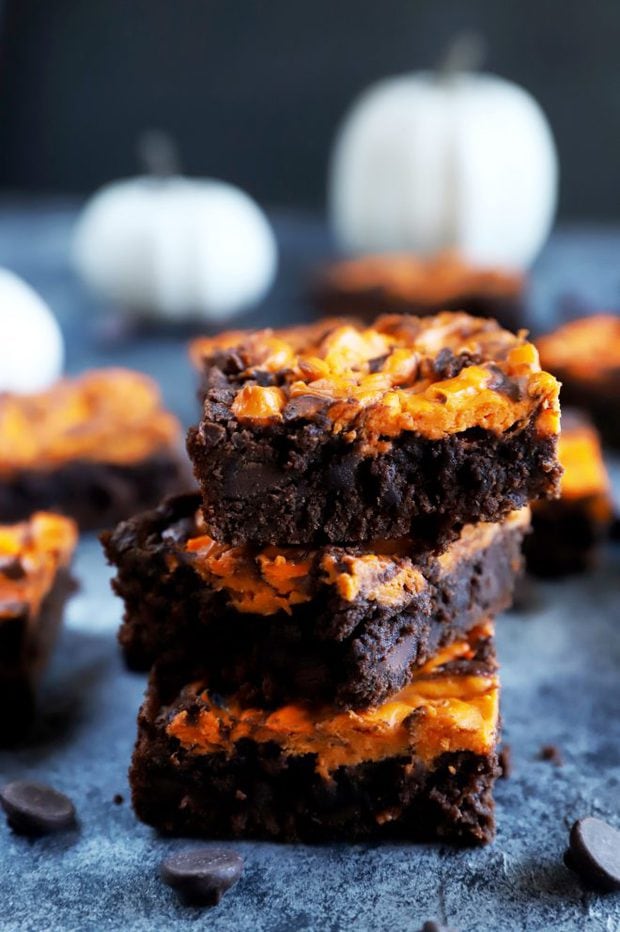Decadent Halloween brownies stacked up