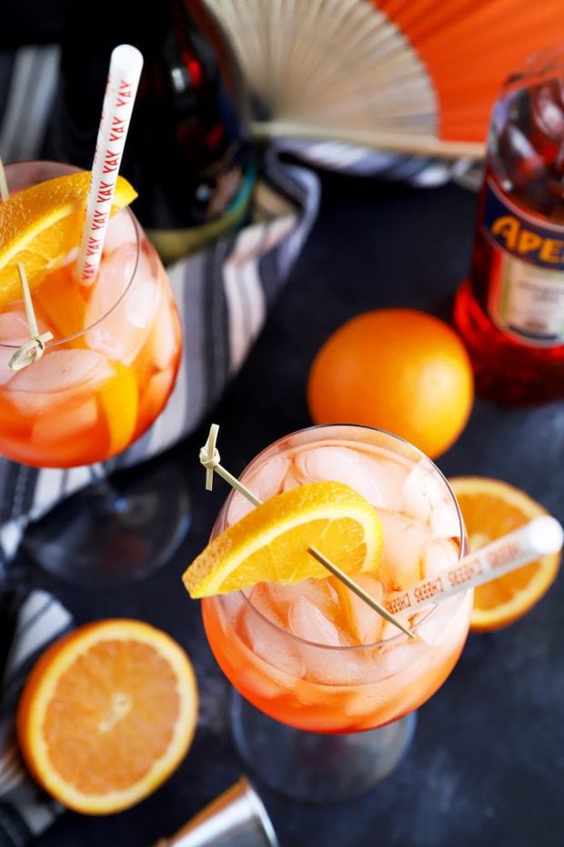 Aperol spritz cocktails in wine glasses