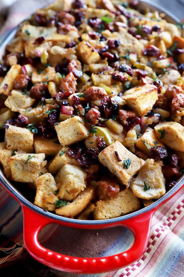 Stuffing in an oval baking dish for Thanksgiving