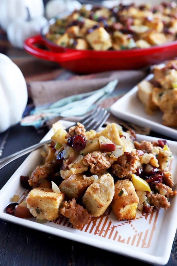 Plate of stuffing with apples and onions