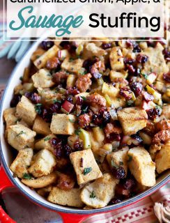 Pinterest image for caramelized onion and apple stuffing