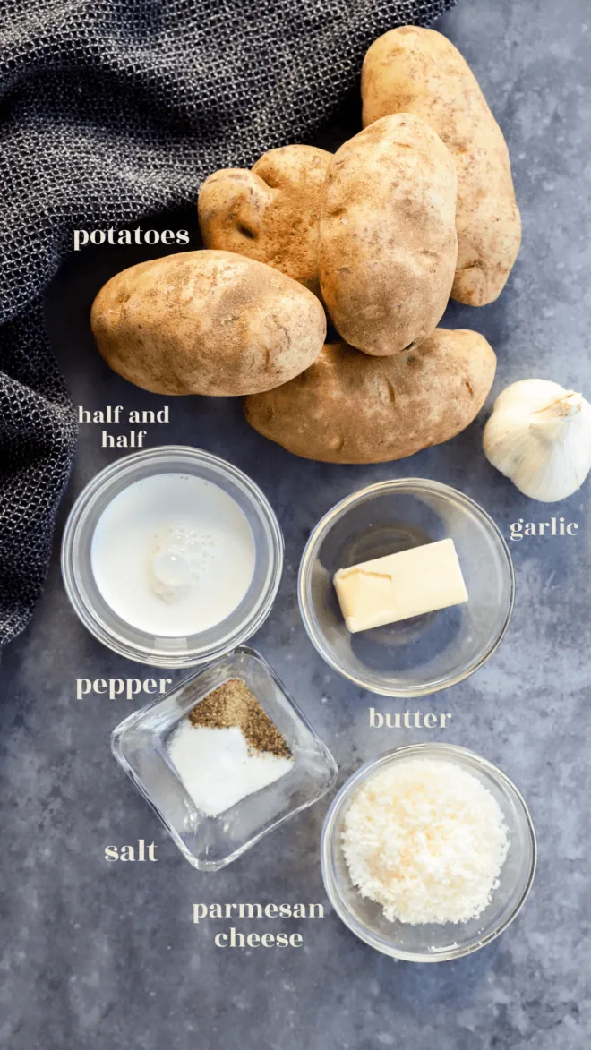 instant pot mashed potatoes ingredients in bowls with text labels