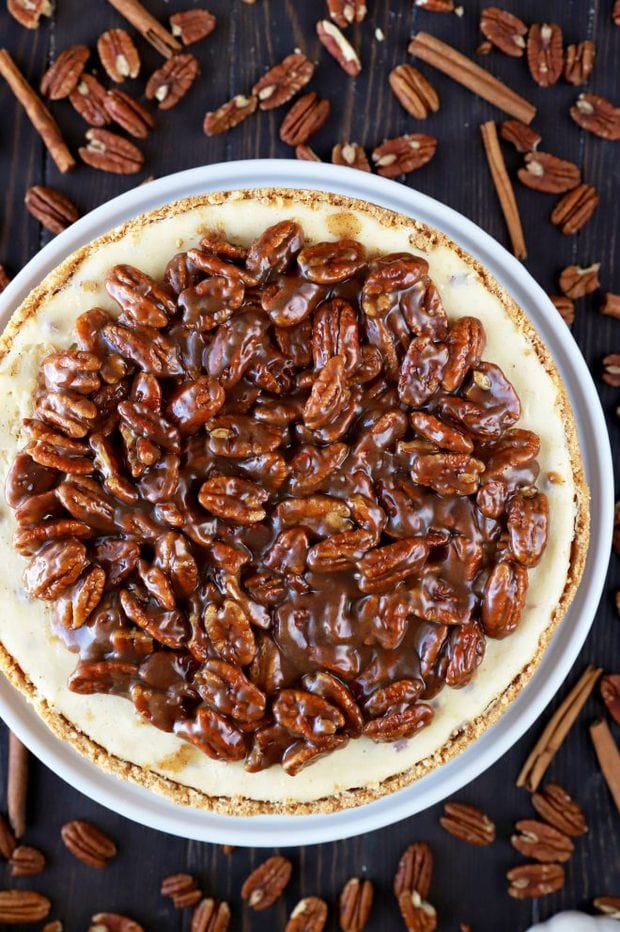 Overhead photo of pecan pie cheesecake