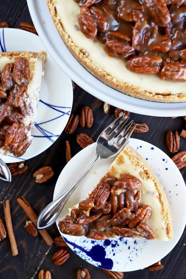 Slices of cheesecake with pecans