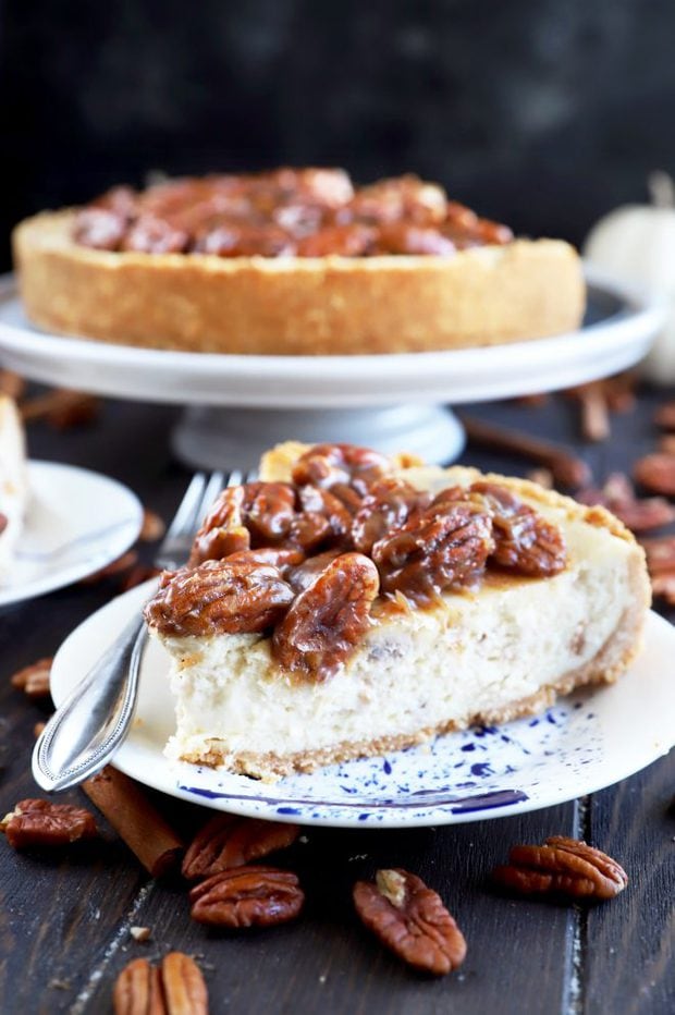 Photo of a slice of pecan pie cheesecake