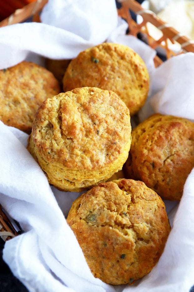 A basket of baked buttermilk biscuits