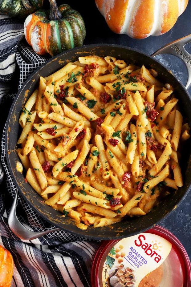 Sabra hummus in a pasta skillet overhead photo