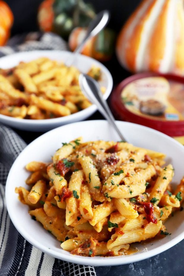 Pasta in white bowls for an easy dinner