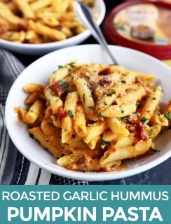 Pinterest Image for roasted garlic hummus pumpkin pasta